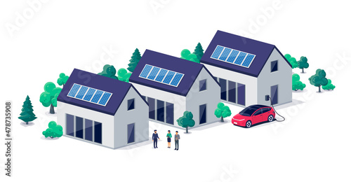 Renewable sustainable village buildings with photovoltaic solar panels roof power energy. Electric car charging in front of home from wallbox. Family houses on urban city street. Isolated vector.