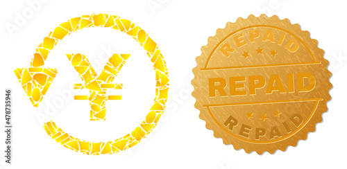 Golden collage of yellow for yen refund icon, and golden metallic Repaid seal imitation. Yen refund icon collage is constructed of random gold.