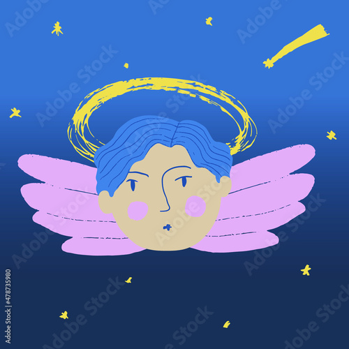 Image of a cute angel against the background of the night sky. A falling star grants wishes. The halo glows overhead.