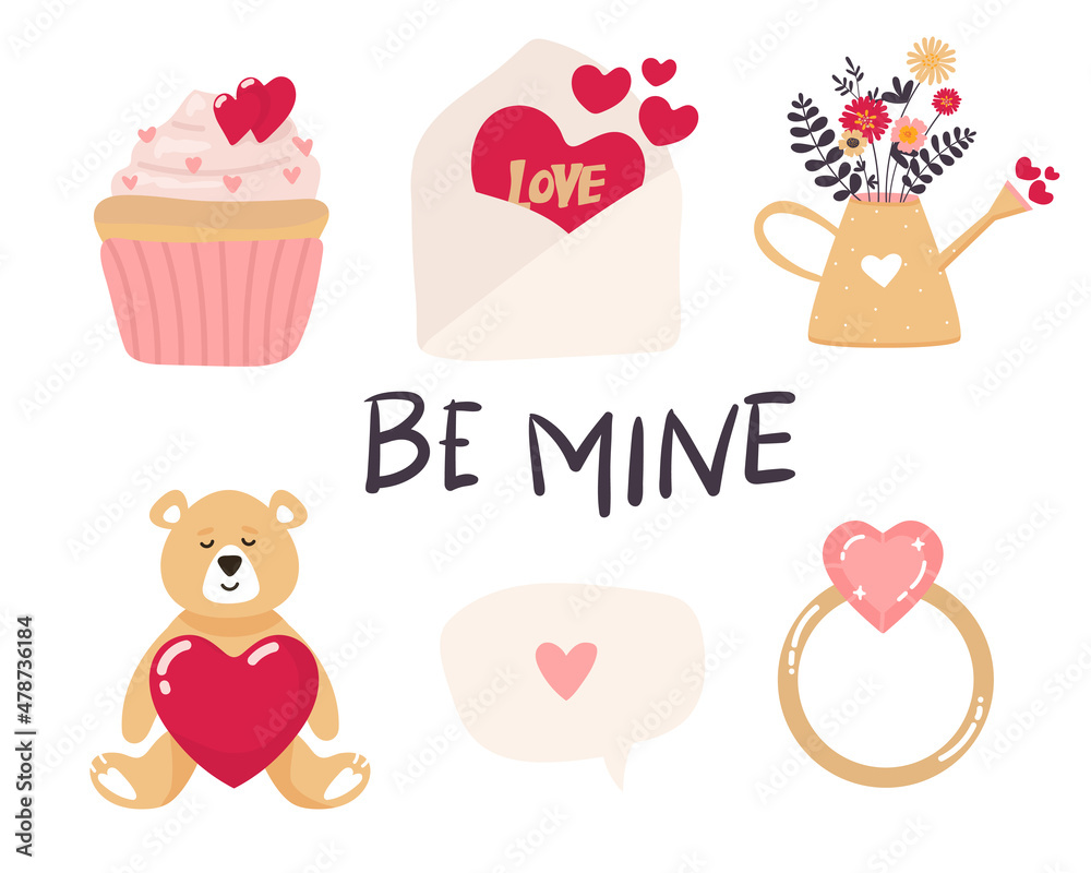 Vector Valentine's day cards templates. Hand drawn February 14 gift tags, collection. Funny Teddy Bear Cartoon with heart , envelope, cake, watering can, flowers ring