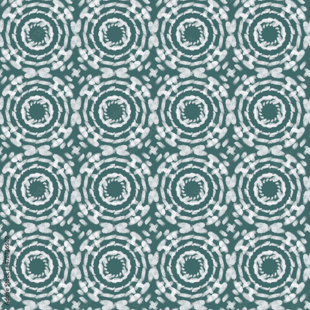 Ethnic seamless handmade pattern. Mandalas, circles, dashes, lines. Beautiful turquoise ornament on a white background. Oriental motifs. Design of background, fabric, textile, wallpaper, template.