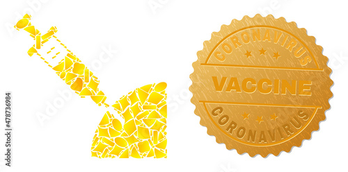 Golden mosaic of yellow elements for inoculation icon, and golden metallic Coronavirus Vaccine stamp seal. Inoculation icon collage is formed of randomized golden particles.