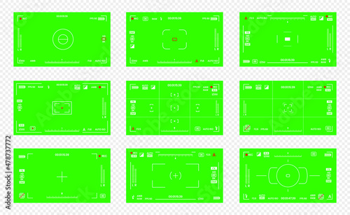 Green colored chroma key camera rec frame viewfinder overlay background screen flat style design vector illustration. Chroma key VFX screen camera overlay abstract background concept for video footage