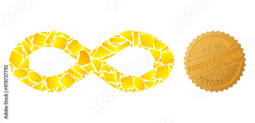 Golden combination of yellow fractions for alternative infinity icon, and gold metallic Forever Young stamp seal. Alternative infinity icon collage is done of scattered gold parts.