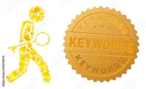 Golden collage of yellow particles for key thief icon, and gold metallic Keywords seal. Key thief icon collage is composed of random gold particles.