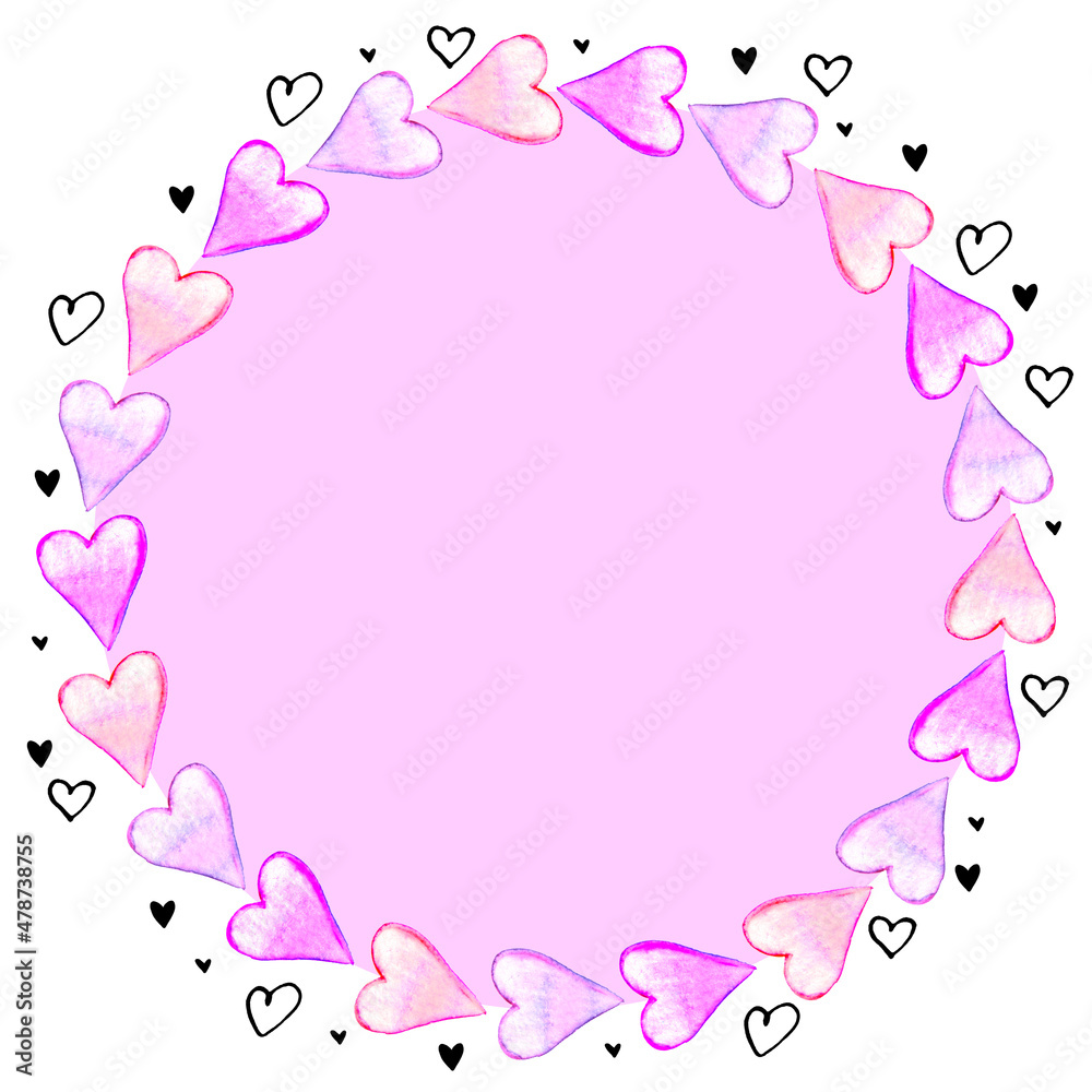 Hand drawn round frame, border from watercolor hearts. Romance symbol of love, background, decoration for invitation, Valentine's day, greeting card, wedding