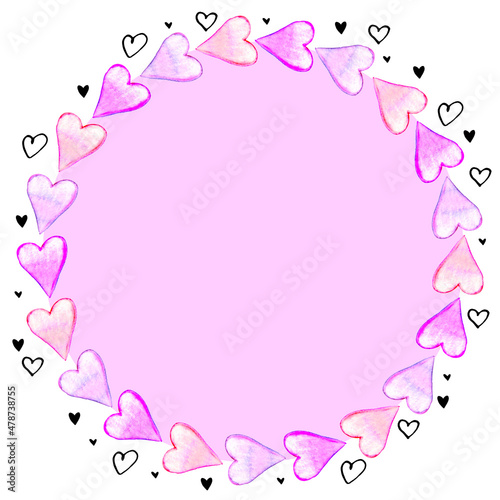Hand drawn round frame, border from watercolor hearts. Romance symbol of love, background, decoration for invitation, Valentine's day, greeting card, wedding