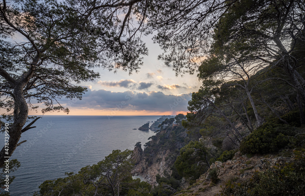 Seascape. Mediterranean evening. Rocks surrounded by water on the beach protruding into the sea on a sunny day, Blanes, Catalonia, Spain. Seascape. Mediterranean evening. Rocks surrounded by water on the beach protruding into the sea on a sunny day, Blanes, Catalonia, Spain.