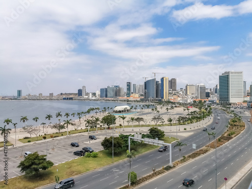 Aerial view of downtown Luanda, bay , Cabo Island and Port of Luanda, marginal and central buildings, in Angola © Miguel Almeida