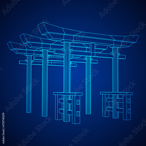 Torii sacred traditional gate. Symbol of Japan,shintoism religion. Japanese Tori arch ancient entrance. Wireframe low poly mesh vector illustration