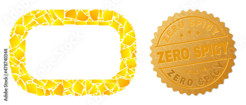 Golden collage of yellow parts for empty rounded rectangle icon, and golden metallic Zero Spicy stamp seal. Empty rounded rectangle icon collage is constructed of randomized golden spots.