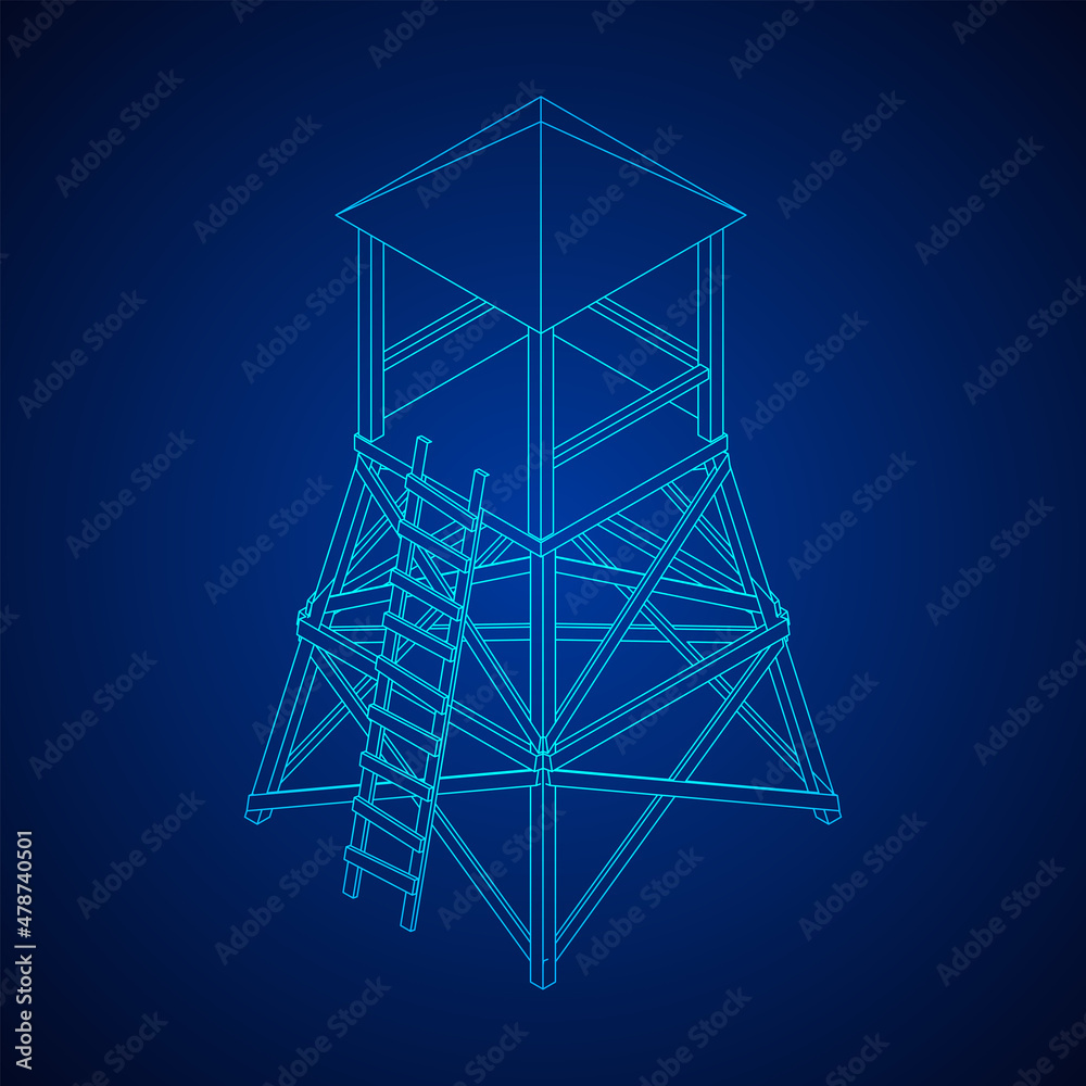 Watchtower or observation tower for hunters. Wireframe low poly mesh vector illustration. Watchtower or observation tower for hunters. Wireframe low poly mesh vector illustration.