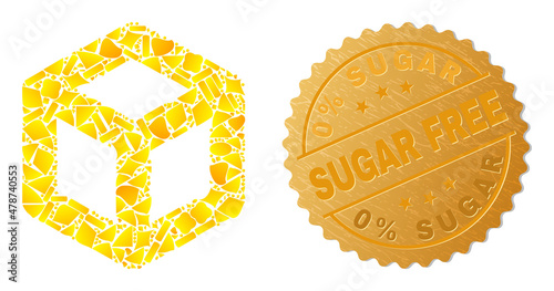 Golden mosaic of yellow items for cube icon, and gold metallic 0% Sugar Free stamp seal. Cube icon collage is composed of randomized golden elements.