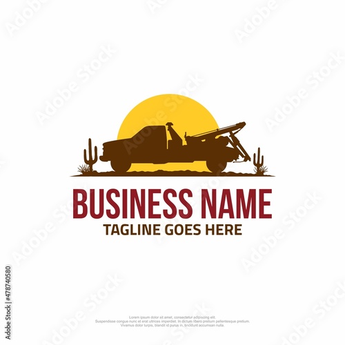 Towing service car logo with a tow truck and sunset view