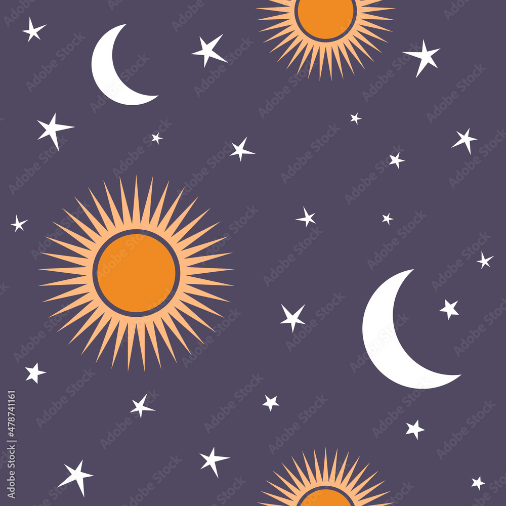 Fototapeta premium Seamless pattern with sun, moon and stars.