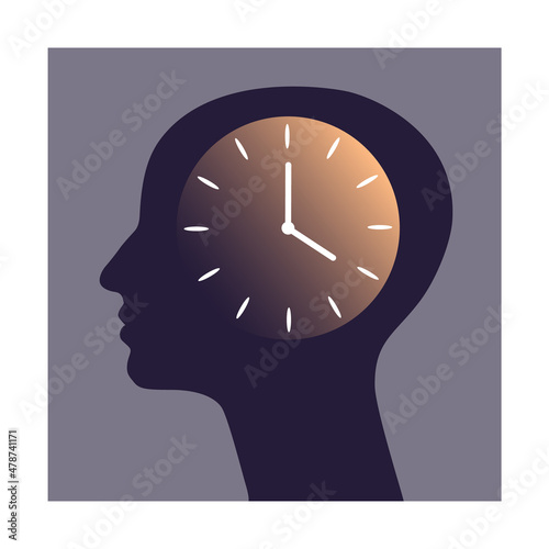 Head silhouette with clock. Concept of circadian rhythm or time management.