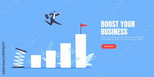 Springboard businessman high jump flat style design vector illustration concept. Business person jumps above career ladder. Success growth, motivation opportunity, boost career concept.