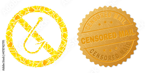 Golden mosaic of yellow parts for forbidden fishing hook icon, and gold metallic Censored Mail badge. Forbidden fishing hook icon mosaic is created with scattered gold parts.