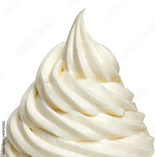 Whipped vanilla buttercream, yogurt or soft ice cream. Isolated on white background