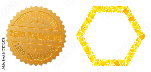 Golden composition of yellow elements for empty hexagon icon, and golden metallic Zero Tolerance stamp. Empty hexagon icon mosaic is constructed of randomized golden items.