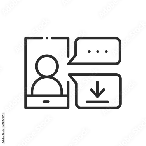 Chatting, conferencing and sending files line icon. Video conference and online meeting concept. Distance work and learning. Vector illustration. Laptop, computer, smartphone, chatting, conferencing