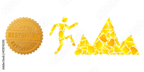 Golden combination of yellow particles for climb rocks icon, and golden metallic Bestseller stamp seal. Climb rocks icon collage is organized of scattered golden.