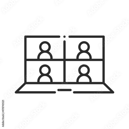 Laptop with conferencing people simple line icon. Video conference and online meeting concept. Distance work and learning. Vector illustration. Laptop, computer, chatting, conferencing