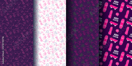Vector set of illustration of pink skateboard on color background. Skateboarding seamless pattern with cartoon skateboard. Line art style skate background