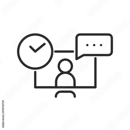 Work from home concept. Computer with human and clock chatting. Video conference and online meeting concept. Distance work and learning. Vector illustration. Laptop, computer, chatting, conferencing