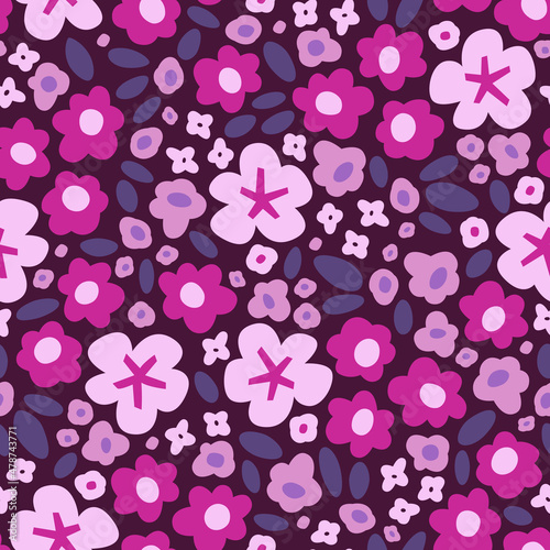 Vector seamless pattern with stylized flowers in trending purple colors. Stylish background with tiny wild flowers. Floral pattern for fabric, dress, textile, wrapping paper, etc.