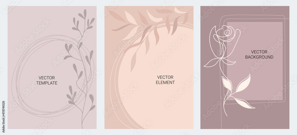 Set of creative hand painted one line abstract shapes. A place for the text. Minimalistic images of icons: flowers, leaves. For postcard, poster, placard, brochure, cover design, web.