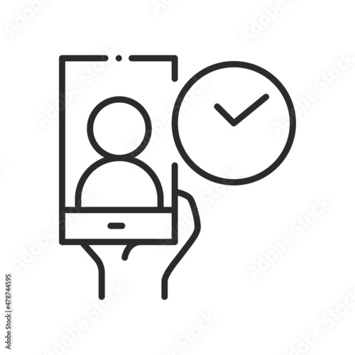 Phone in human hand with human on screen and clock. Video conference and online meeting concept. Distance work and learning. Vector illustration. Laptop, computer, smartphone, chatting, conferencing