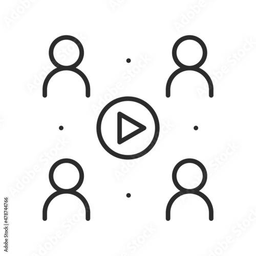 people and play button icon isolated. Video conference and online meeting concept. Distance work and learning. Vector illustration. Laptop, computer, smartphone, chatting, conferencing