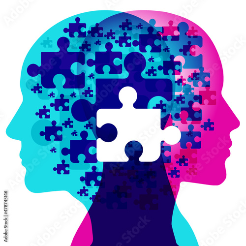 A male and female side outline silhouette positioned back-to-back, overlaid with various sized jigsaw puzzle shapes. A large white jigsaw piece is positioned centrally between the two outlined profile