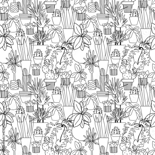 Background with plants in pots. Simple vector seamless pattern. Different home trees. Graphic texture. Black and white colors. Great for wallpapers, wrapping paper, design packaging.