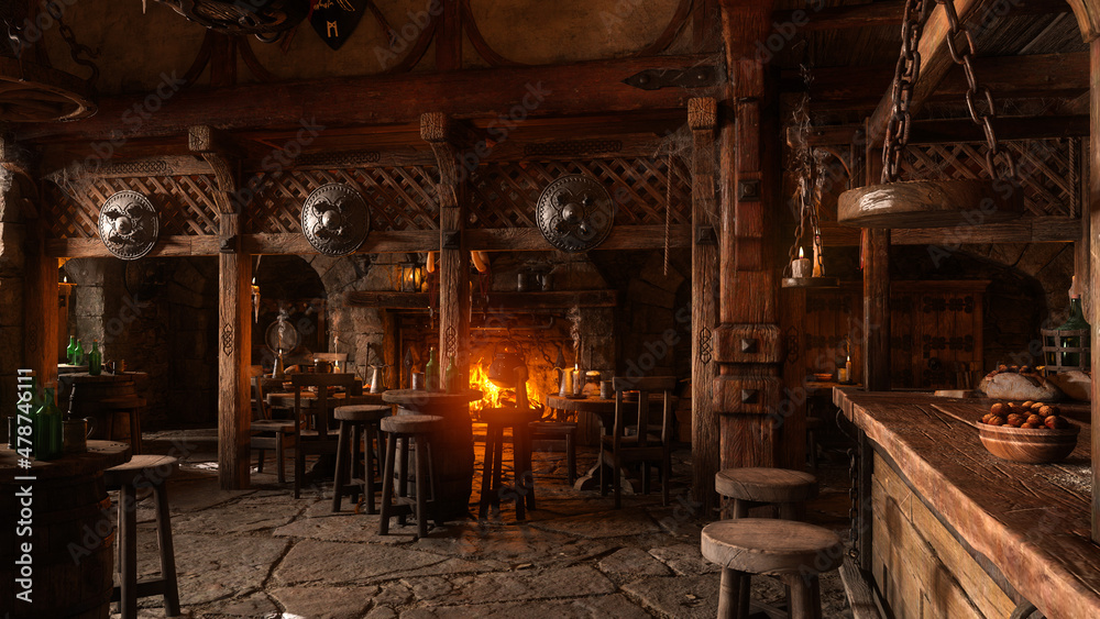 3D illustration of a bar and tables in a medieval tavern or inn, with shields hanging from wooden beams and an open fire burning in the background. 3D illustration of a bar and tables in a medieval tavern or inn, with shields hanging from wooden beams and an open fire burning in the background.