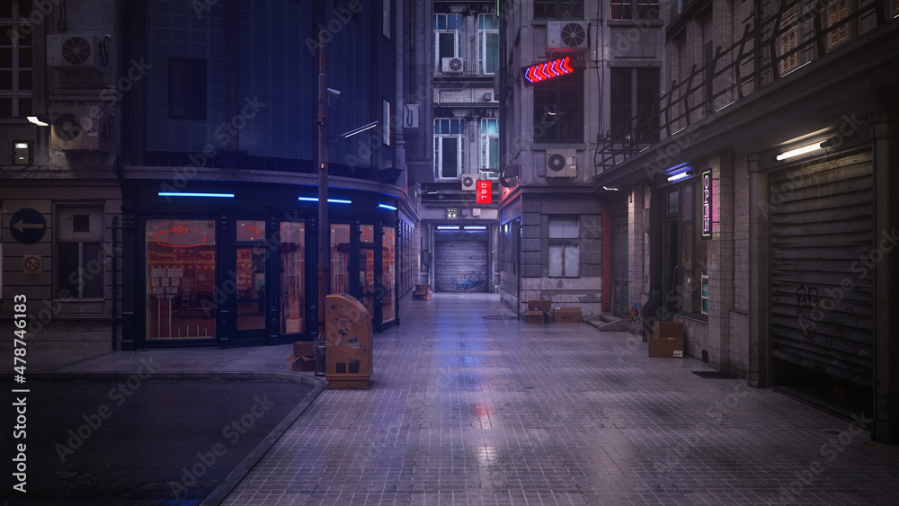 3D rendering of a dark moody pedestrian walkway in a seedy downtown city area at night. Noir environment concept.