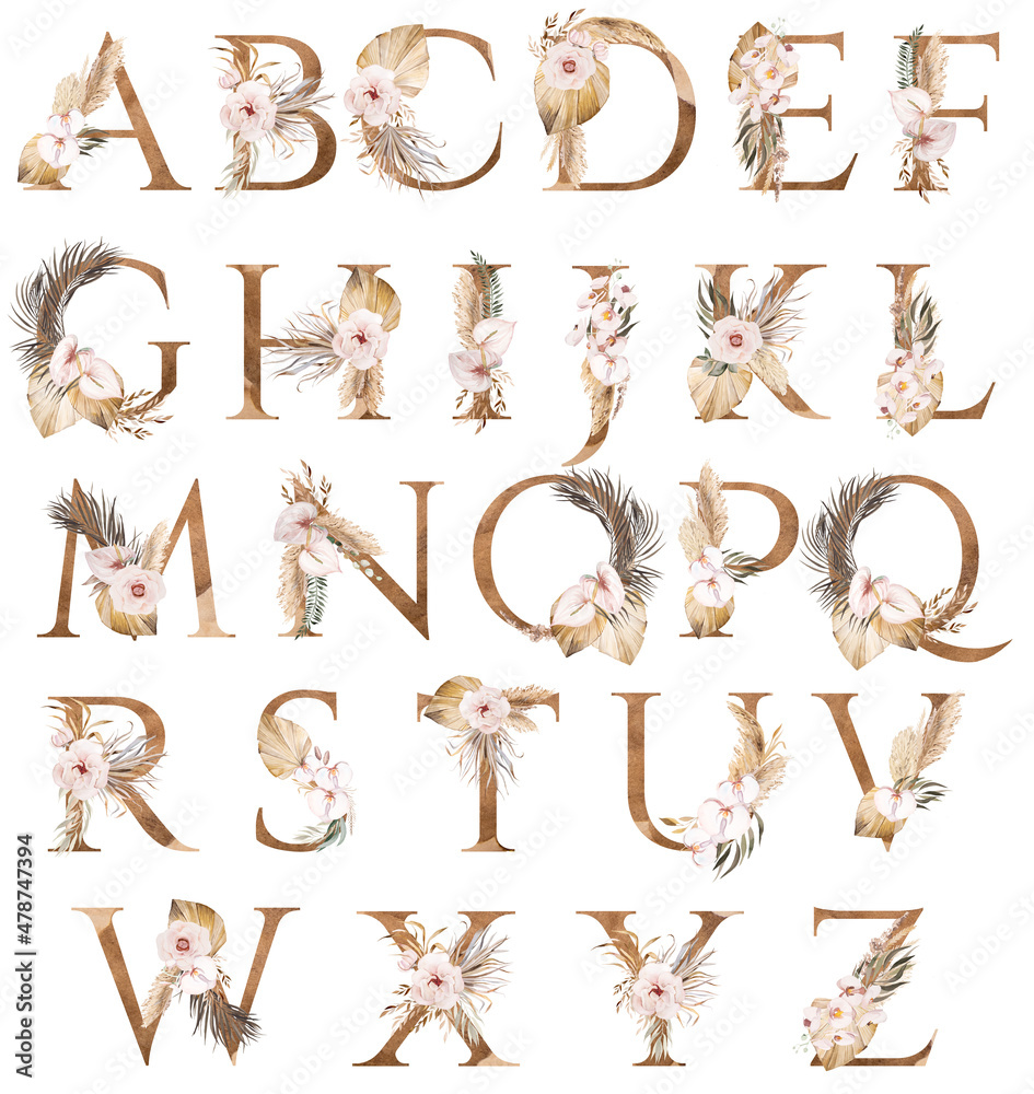 Obraz Watercolor letters decorarated with dried leaves and tropical flowers, Bohemian alphabet illustration