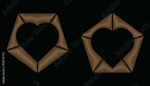 Collection of pentagon frame pattern in shape of heart with copy space. Decorative ornament in Gold Line Art style for Valentine’s Day, wedding, anniversary, invitation, hipster couples. EPS10 #05