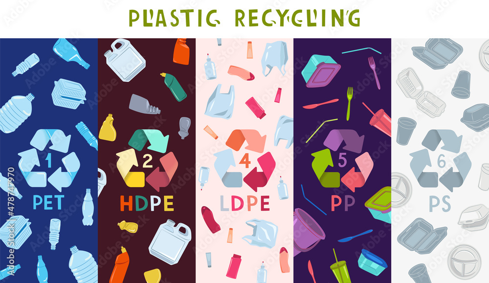 Waste recycling. Collection of vertical banners with types of recyclable plastic. Ecofriendly