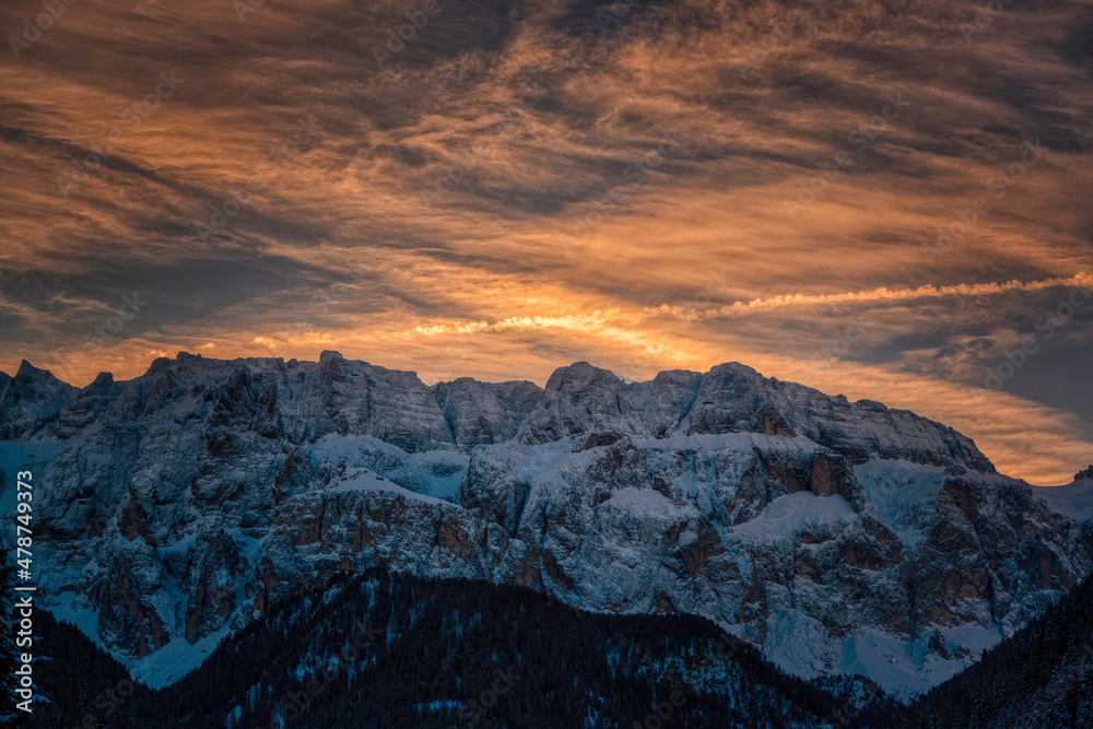 Sunrise over the mountains in winter season
