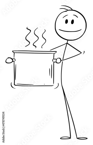 Cook or Chef Holding Big Pot of Boiling Food or Water, Vector Cartoon Stick Figure Illustration
