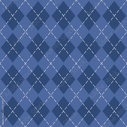 Argyle pattern seamless in blue. Geometric stitched argyll for gift wrapping paper, socks, sweater, jumper. Winter textile or paper design.