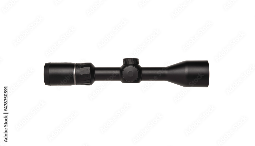 modern black optical scope for weapon isolated on whited. sight scope isolated on white back. modern black optical scope for weapon isolated on whited. sight scope isolated on white back.