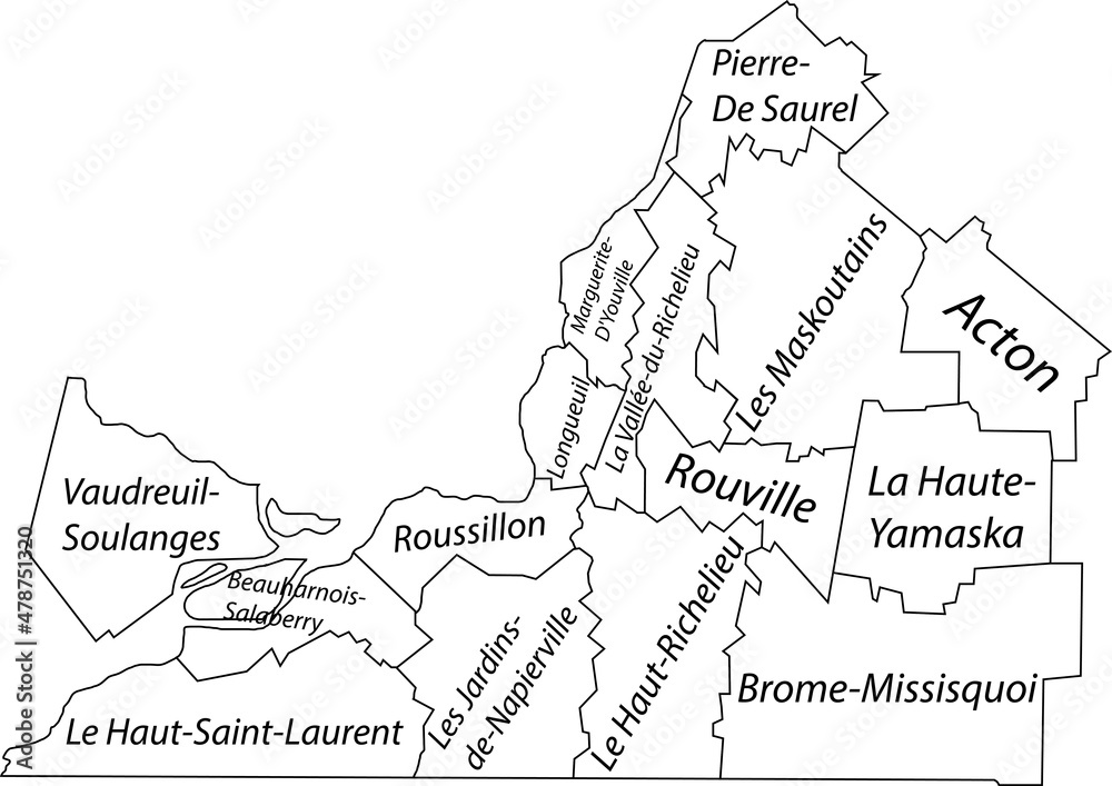 White flat vector administrative map of MONTÉRÉGIE, QUEBEC, CANADA with black border lines and name tags of its municipalities White flat vector administrative map of MONTÉRÉGIE, QUEBEC, CANADA with black border lines and name tags of its municipalities