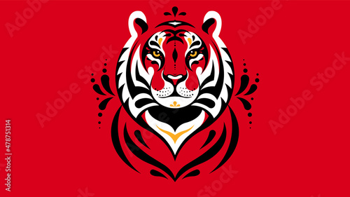 Tiger head. Graphic abstract tiger face. Geometric abstract animal for poster, background, emblem, mascot. Concept of safari, jungle, zoo. Symbol of the Chinese horoscope. Calm muzzle, red color.