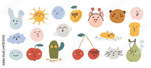 Big set of cute and simple faces - abstract face, fruits, animal, weather, etc. Trendy and minimalist illustrations. Emotional characters. Vector.