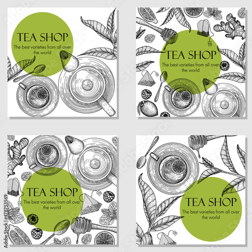 Four vector banners for the tea room. Graphic linear teapot, tea cup, spoon, tea bags, lemon, honey, mint, tea leaves, ginger, raspberry