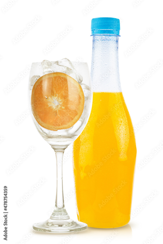 orange fruit and orange juice in bottle white glass and ice isolated on white background orange fruit and orange juice in bottle white glass and ice isolated on white background