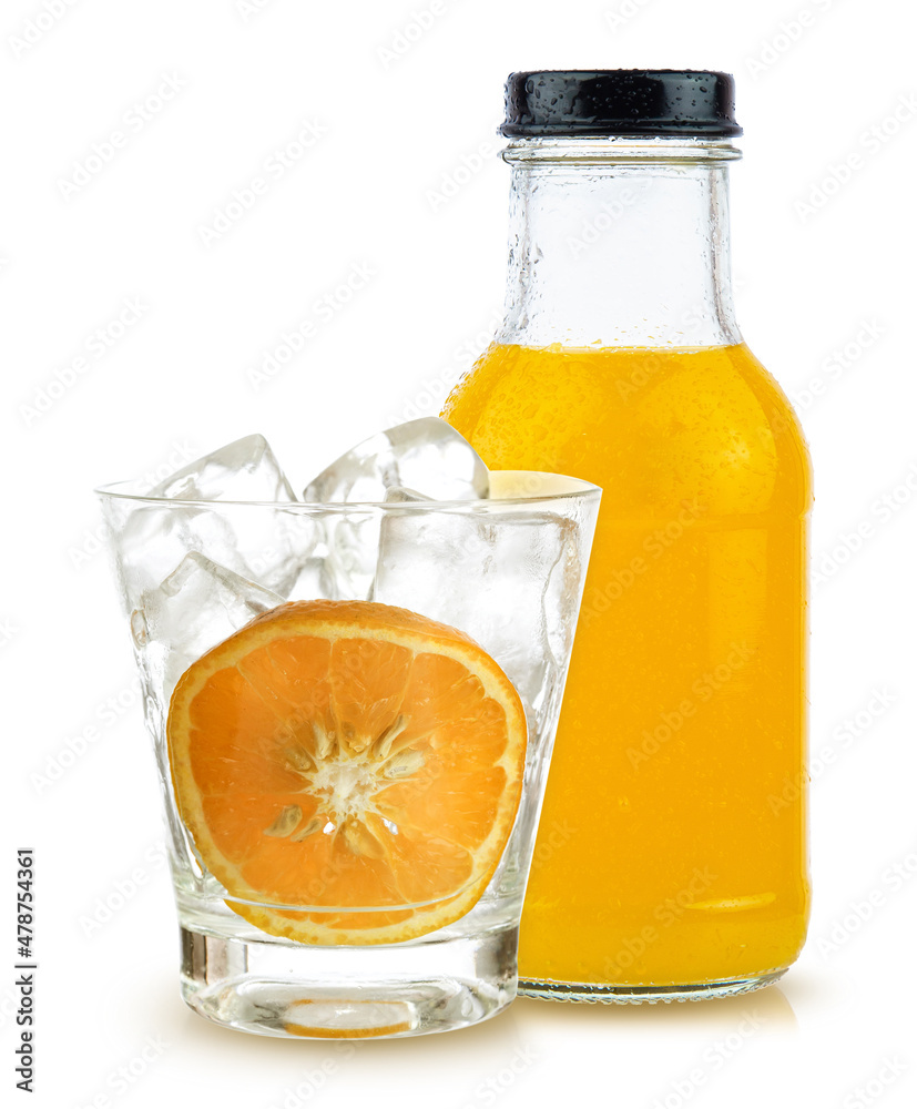 orange fruit and orange juice in bottle white glass and ice isolated on white background